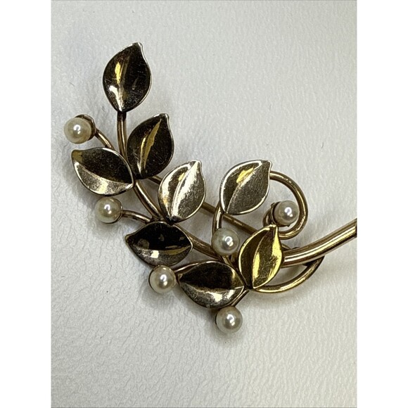 Carl Art 12K Gold Filled Faux Pearls & Leaf Branch Brooch Pin Vintage - Picture 7 of 8